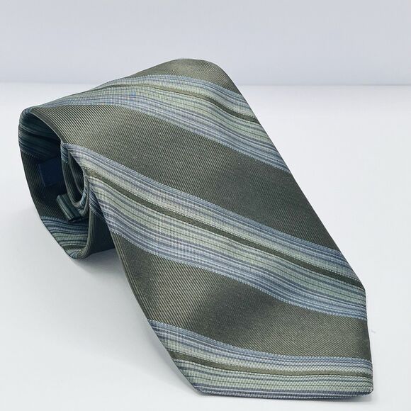 Elie Tahari Men's 100% Silk Tie Green & Blue striped Pattern Made in the USA - Picture 5 of 10